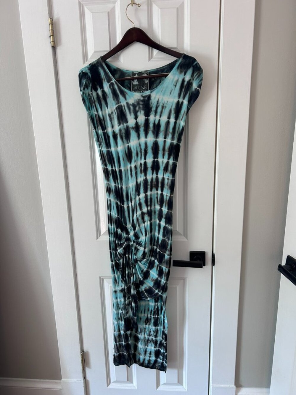 Young Fabulous & Broke Araya Teal Tie Dye Ruched Knot Midi Dress Size S